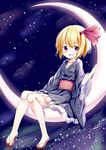  :d absurdres alternate_costume blonde_hair choko_(mixberry_parfait) crescent_moon fang frilled_kimono frills hair_ribbon highres japanese_clothes kimono moon obi open_mouth purple_eyes ribbon rumia sash short_hair sitting_on_moon smile tanabata touhou wide_sleeves 