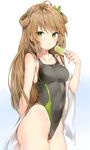  ahoge ass bangs blush breasts brown_hair cameltoe closed_mouth collarbone competition_swimsuit covered_navel cowboy_shot eyebrows_visible_through_hair food girls_frontline green_eyes hair_between_eyes hair_rings hand_up highleg highleg_swimsuit highres hips holding holding_food long_hair looking_at_viewer medium_breasts off_shoulder one-piece_swimsuit popsicle rfb_(girls_frontline) silver_(chenwen) simple_background smile solo swimsuit thighs two_side_up white_background 