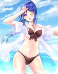  ;d arm_up bikini bikini_under_clothes black_bikini blue_hair blue_sky blush breasts cleavage clenched_hand cloud cowboy_shot day dress_shirt eyebrows_visible_through_hair front-tie_bikini front-tie_top gorua_(youce01) hand_on_own_forehead large_breasts long_hair looking_at_viewer love_live! love_live!_sunshine!! matsuura_kanan md5_mismatch mismatched_bikini navel ocean one_eye_closed open_mouth outdoors ponytail purple_eyes revision round_teeth see-through shirt short_sleeves sky smile solo standing swimsuit teeth upper_teeth water wet wet_clothes wet_shirt white_shirt 