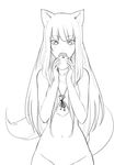  animal_ears apple eating eyebrows_visible_through_hair fangs food fruit greyscale groin highres holo jewelry less long_hair looking_at_viewer monochrome navel necklace nude sack solo spice_and_wolf tail wolf_girl 