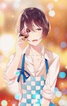  absurdres cupcake ensemble_stars! eyebrows_visible_through_hair fang food highres holding holding_food junpaku_karen looking_at_viewer male_focus parted_lips purple_hair red_eyes sakuma_ritsu sleeves_rolled_up smile solo sweater_vest upper_body 