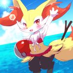 2017 4_fingers ball beach_ball bikini blue_sky blush braixen cheek_tuft chest_tuft clothing detailed_background dipstick_tail female fluffy fluffy_tail fur happy inner_ear_fluff kemoribbon lens_flare looking_at_viewer multicolored_fur multicolored_tail nintendo open_mouth pok&eacute;ball pok&eacute;mon red_eyes red_fur sea seaside sky slit_pupils solo standing sun swimsuit tuft video_games water waving white_fur yellow_fur 