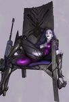  bodysuit crossed_legs gloves hair_down head_mounted_display highres lips long_hair no_bra overwatch purple_bodysuit purple_hair purple_skin realistic sangsoo_jeong slouching solo thong widowmaker_(overwatch) yellow_eyes 