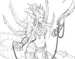  armor chaos_(warhammer) demon_horns dragon_tail ember_(khornette_quest) greyscale highres horns khornette_quest less looking_to_the_side midriff monochrome navel pauldrons pointy_ears ponytail serious skull tail warhammer_40k 