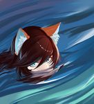  animal_ears blue_eyes brown_hair floating_hair fox_ears fox_girl fox_tail hair_between_eyes less looking_to_the_side original partially_submerged peeking reflection solo tail water water_surface 
