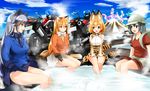  animal_ears ezo_red_fox kaban_(kemono_friends) kemono_friends lucky_beast marimo0084570 pantsu serval silver_fox skirt_lift tail 