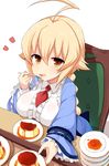  :o ahoge bangs blazblue blonde_hair braid breast_rest breasts caramel center_frills chair collared_shirt commentary creme_caramel dessert eating es_(xblaze) expressionless food frilled_sleeves frills from_above hair_between_eyes hair_flaps highres holding holding_spoon huge_ahoge large_breasts long_hair long_sleeves looking_at_viewer necktie ocha_(ochappie) orange_eyes outstretched_arm plate plate_stack pudding red_neckwear shadow shirt sidelocks simple_background single_braid sitting solo spoon white_background white_shirt xblaze xblaze_code:_embryo 