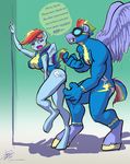  2017 absurd_res anthro anthrofied big_hands bow_hothoof_(mlp) clothing dialogue english_text equine eyewear female friendship_is_magic goggles hi_res husband_and_wife male mammal my_little_pony pegasus roleplay size_difference skinsuit text threewontoo tight_clothing windy_whistles_(mlp) wings wonderbolts_(mlp) 