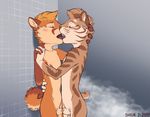  2017 5_fingers animal_genitalia balls blush brown_fur canine dog feline fur hand_holding kissing male male/male mammal nipples nude open_mouth orange_fur saber-toothed_cat sheath shiuk shower solo teenager young 