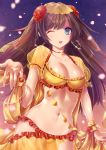  1girl ;o bangs belly_chain bikini black_hair blue_eyes breasts cleavage collarbone earrings fate/grand_order fate_(series) flower frilled_bikini frills gold gold_coin hair_flower hair_ornament highres hoop_earrings jewelry large_breasts long_hair looking_at_viewer mata_hari_(fate/grand_order) navel one_eye_closed open_mouth petals pixiv_fate/grand_order_contest_2 revealing_clothes see-through smile solo stomach swimsuit tsuru_ringo veil yellow_bikini 
