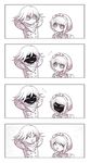  1girl 4koma ^_^ absurdres closed_eyes comic danganronpa doraraemon hairband highres monaka_(danganronpa) new_danganronpa_v3 ouma_kokichi shaded_face silent_comic smile straitjacket trait_connection zettai_zetsubou_shoujo 