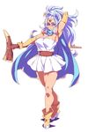  arm_up armpits blue_hair breasts cape circlet cleavage dragon_quest dragon_quest_iii elbow_gloves gloves hand_behind_head large_breasts long_hair looking_at_viewer red_eyes sage_(dq3) smile solo staff tasaka_shinnosuke white_background 