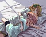  between_breasts blonde_hair breast_pillow breast_smother breasts commentary head_between_breasts hoshizora_rin koizumi_hanayo love_live! love_live!_school_idol_project medium_breasts multiple_girls pink_hair shipii_(jigglypuff) sleeping yuri 