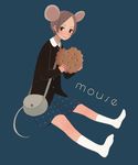  animal_ears bag bangs black_eyes black_shirt blue_background blue_skirt brown_hair buttons cookie flower food full_body hair_flower hair_ornament hairclip holding long_sleeves looking_at_viewer mouse_ears mouse_girl mouse_tail nakamura_hinata no_shoes original parted_bangs peter_pan_collar shirt short_hair shoulder_bag simple_background sitting skirt solo tail white_collar white_legwear 