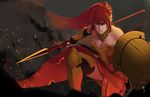  armor breasts cleavage corset embers green_eyes holding holding_weapon jewelry less long_hair medium_breasts neck_ring necklace one_knee polearm ponytail pyrrha_nikos red_hair rwby shield skirt solo spear tiara warrior weapon 