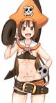 adapted_costume anchor belt belt_buckle bike_shorts body_writing breasts brown_eyes brown_hair buckle cutoffs detached_collar guilty_gear hand_on_hip hat long_hair may_(guilty_gear) navel open_mouth orange_hat over_shoulder pirate pirate_hat ponkotsu sailor_collar shorts_under_shorts small_breasts smile solo underboob weapon weapon_over_shoulder 