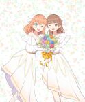  2girls 6th_live_dream_~bloom_garden_party~ :d ;d absurdres animification aqua_eyes blunt_bangs bouquet brown_hair commentary_request crossed_bangs dress feet_out_of_frame floral_background flower_stand_art frilled_dress frills grey_eyes hair_intakes highres hikari_no_naka_de_hana_saite hinoshita_kaho holding holding_bouquet long_dress looking_at_viewer love_live! love_live!_hasu_no_sora_jogakuin_school_idol_club love_live!_hasu_no_sora_jogakuin_school_idol_club_bloom_garden_party multiple_girls nirei_nozomi one_eye_closed open_mouth orange_hair real_life riayaya single_bare_shoulder single_off_shoulder smile two_side_up virtual_youtuber voice_actor voice_actor_connection white_dress 