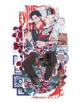  1boy 8er8er1s beard_stubble black_hair black_pants blood blood_on_face bottle brain character_name child's_drawing cigarette_butt collared_shirt commission copyright_name eyeball facial_hair fire full_body highres jewelry male_focus necktie pants parted_bangs red_necktie ring sebastian_castellanos shirt short_hair sleeves_rolled_up soaking_feet striped_clothes striped_vest stubble syringe the_evil_within vest wedding_ring white_background white_shirt 