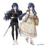  2girls absurdres alternate_costume animal_ears animal_in_bag animal_on_shoulder arknights asteriornis astesia_(arknights) baguette barefoot belt bird bird_ears bird_on_shoulder bird_tail blue_eyes blue_hair bodysuit bread closed_eyes diving_suit dress food full_body highres immeasurable layered_dress long_hair multiple_girls open_wetsuit smile tail wetsuit 