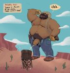 absurd_res anthro armpit_hair armpit_tuft aroused aroused_male balls barazoku bear beard beer_belly belly belly_hair belly_tuft belt biceps big_belly big_muscles big_pecs big_penis blue_bottomwear blue_clothing blue_jeans blue_pants blue_sky bodily_fluids body_hair boots bottomwear brown_armpit_hair brown_beard brown_belt brown_body brown_boots brown_clothing brown_facial_hair brown_footwear brown_fur brown_gloves brown_handwear brown_hat brown_headwear brown_mustache brown_pubes brown_sideburns cactus clothed clothing cloud cloudy_sky cowboy cowboy_boots cowboy_hat cowboy_outfit denim denim_bottomwear denim_clothing desert dialogue dramamine english_text erection eyes_closed facial_hair footwear fur genital_fluids genitals gloves green_clothing green_kerchief gun gun_holster gun_on_thigh handgun handwear happy_trail hat headgear headwear hi_res jeans kerchief lasso macro macro_anthro macro_male male male_peeing mammal manly mature_anthro mature_male mesa_(landscape) musclegut muscular muscular_anthro muscular_arms muscular_male muscular_thighs mustache nature nature_background nipples old_west omorashi open_belt open_bottomwear open_clothing open_pants outside overweight overweight_anthro overweight_male pants pecs peeing peeing_in_water peeing_into_container peeing_into_water peeing_while_erect penis penis_poking_out pistol pistol_holster plant pubes ranged_weapon relieved rope sand scruffy_(scruffybeast) shoes sideburns sky solo speech_bubble sweat sweatdrop sweaty_arms sweaty_belly sweaty_body sweaty_chest sweaty_face sweaty_genitalia sweaty_penis text thick_arms thick_penis thick_thighs topless topless_anthro topless_male tuft unbuckled_pants unzipped unzipped_clothing unzipped_pants urine urine_from_penis urine_stream ursine vein veiny_penis water_tower watersports weapon weapon_holster weapon_on_hip wild_west yellow_urine zipper