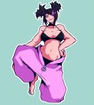  1girl absurdres aqua_nails black_bra black_panties bra breasts clothes_around_waist dentedhood hair_over_one_eye han_juri han_juri_(sf6_outfit_3) highres knee_up multicolored_hair official_alternate_costume official_alternate_hairstyle onesie pajamas panties panty_peek pink_pajamas purple_streaks simple_background solo standing standing_on_one_leg streaked_hair street_fighter street_fighter_6 underwear unzipped zipper_pull_tab 