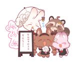  >_< ^_^ angelina_(arknights) angelina_the_mellow_wish_(arknights) animal animal_focus animalization arknights bouquet chibi chibi_only chinese_commentary closed_eyes commentary_request earrings fang flower flying_sweatdrops fox full_body holding holding_bouquet holding_umbrella jacinta_(arknights) jewelry open_mouth pink_rabbit raccoon sign simple_background smile standing thumpy_(arknights) timeslot_(arknights) umbrella white_background white_flower white_rabbit_(animal) white_umbrella zai_yuzhou_de_jintou_yu_gou_dui_fei 