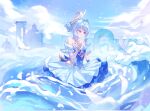  1bfo_fo 1girl architecture bare_shoulders bird blue_dress blue_hair blue_sky chinese_commentary cloud commentary_request dove dress feathers genshin_impact hair_intakes hair_ornament highres odette_(genshin_impact) off-shoulder_dress off_shoulder outdoors own_hands_together purple_eyes sea_spray sky solo water waves white_bird white_dress 