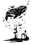  1boy beamed_eighth_notes blending commentary eighth_note fish flower flying_fish flying_whale greyscale leaf link male_focus monochrome musical_note orange_lore pants phrygian_cap pointy_ears quarter_note short_hair simple_background standing the_legend_of_zelda the_legend_of_zelda:_link's_awakening triforce tunic whale white_background wind_fish wings 