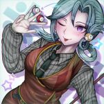  1girl artist_name ball belt billiard_ball black_necktie blue_hair chiebukuro_setsuka collared_shirt danganronpa_another dutch_angle f0rtavv12o7 hair_between_eyes hair_ornament hair_over_one_eye hair_rings hairclip highres komatsuzaki_rui_(style) necktie one_eye_closed pants purple_eyes red_pants red_vest shirt single_hair_ring smile solo striped_clothes super_danganronpa_another_2 tongue tongue_out vest 