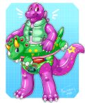 absurd_res animate_inanimate anthro clean_diaper clothed clothing diaper dinosaur fructoruu hi_res inflatable inflatable_toy living_inflatable male pattern_diaper pool_toy prehistoric_species reptile saurischian scalie simple_background smile solo swim_ring swim_ring_with_face swim_vest tail theropod tyrannosaurid tyrannosauroid tyrannosaurus tyrannosaurus_rex wearing_diaper zoran