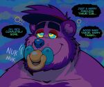 2026 ageplay anothermeekone anthro beard blue_pacifier body_hair canid canine chest_hair clothing cross-eyed digital_media_(artwork) english_text facial_hair fur hat headgear headwear hi_res hypnosis infantilism male mammal meek_(character) mind_control object_in_mouth offscreen_character offscreen_dominant overweight overweight_male pacifier pacifier_in_mouth pink_body pink_fur raccoon_dog ringed_eyes roleplay smile solo speech_bubble tanuki text visor_cap