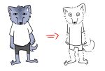 3_fingers alfa_(the_sigmas_rising) anthro before_and_after blue_body bottomwear canid canine canis clothing fingers fluffy grey_bottomwear grey_clothing grey_shorts hi_res long_nose male mammal shirt shocked shorts silly solo the_sigmas_rising topwear white_clothing white_shirt white_topwear wolf