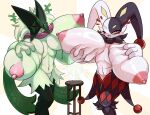 2026 abstract_background absurd_res anthro areola big_areola big_breasts big_nipples blep breasts breasts_apart character_outline digital_media_(artwork) disappearing duo dupin_(pal) emanata felid feline female female_anthro fur furniture generation_9_pokemon green_body green_fur hi_res huge_breasts hyper hyper_breasts jester lagomorph leporid looking_at_viewer magic_trick mammal meowscarada multicolored_body narwhal69 navel nintendo nipples nude outline pal_(species) palmorph palworld pink_areola pink_nipples pocketpair pokemon pokemon_(species) pokemorph rabbit signature simple_background spreading_breasts stool tongue tongue_out tuft white_body white_fur yellow_eyes