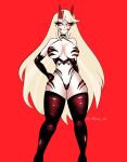 2025 areola areola_slip armwear bedroom_eyes big_breasts blonde_hair blush blush_stickers breasts charlie_morningstar clothed clothing demon demon_humanoid elbow_gloves eyelashes female gloves hair hand_on_hip handwear hazbin_hotel hellaverse hi_res horn humanoid jeny_312 legwear long_hair looking_at_viewer narrowed_eyes not_furry pupils red_background red_horn red_sclera seductive simple_background skimpy slit_pupils small_waist smile smirk solo thick_thighs thigh_highs thong underwear white_body white_skin wide_hips yellow_eyes