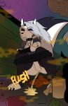 alley alternative_fashion anthro anus bodily_fluids bottomwear bottomwear_down canid canid_demon canine choker clothed clothing collar crouching demon ear_piercing feces feces_in_ass feces_on_ground feces_pile female fur gaap genital_fluids genitals grey_hair hair hellaverse hellhound helluva_boss hi_res jewelry loona_(helluva_boss) mammal mythological_canine mythological_creature mythology necklace onomatopoeia partially_clothed peeing peeing_on_ground peeing_outside piercing pooping pooping_on_floor pooping_outside red_sclera shorts shorts_down smelly solo sound_effects spiked_collar spikes text toilet_paper urine urine_on_ground urine_pool urine_stream vulva white_body white_eyes white_fur