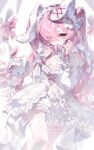  1girl absurdres animal_ears babydoll breasts cleavage commission cross-laced_clothes cross_hair_ornament crying crying_with_eyes_open eyes_visible_through_hair feet_out_of_frame frills hair_ornament hair_over_one_eye highres huai_nian_nian long_hair long_sleeves low_drills maid_headdress mihuashi_commission mouth_hold navel original pink_eyes pink_hair pink_ribbon rabbit_ears ribbon ribbon_in_mouth skirt small_breasts solo stuffed_animal stuffed_rabbit stuffed_toy tears thighhighs twintails very_long_hair white_babydoll white_ribbon white_skirt white_thighhighs 