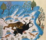 1430 15th_century ancient_art attack black_body bovid bovine brown_body brown_fur cattle dimna_(kalila_wa_dimna) english_description felid feral fight flower fur grass group hi_res hooves horn jackel kalila_(kalila_wa_dimna) kalila_wa_dimna lion male mammal on_ground open_mouth orange_body orange_fur outside pantherine paws plant reeds tail traditional_media_(artwork) tree unknown_artist
