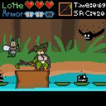 1:1 amphibian anthro arthropod bottomless bottomless_anthro chaoskres cloak clothed clothing digital_media_(artwork) eyewear fake_game female fly_(animal) fly_(joaoppereiraus) frog gameplay_mechanics goggles gui health_bar hud insect lotte_(joaoppereiraus) male pixel_(artwork) score shadow_creature shirt stick timer topwear