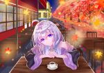  1girl absurdres ahoge black_robe closed_mouth collared_shirt commentary_request cup elaina_(majo_no_tabitabi) grey_hair hair_between_eyes highres long_hair long_sleeves looking_at_viewer majo_no_tabitabi outdoors plate purple_eyes robe shirt sleeveless sleeveless_shirt smile solo solsiele spoon teacup white_shirt wide_sleeves 