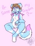 3:4 3_eyes alien anthro asarnurulla backpack backpack_only bracelet canid canine choker dialogue female fur genitals hi_res jewelry joki_nami mammal multi_eye multicolored_body multicolored_fur necklace shaped_pupils sitting solo spread_legs spreading teasing tongue two_tone_body two_tone_fur vulva