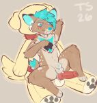 2026 animal_genitalia anthro balls blue_eyes blue_hair blush bodily_fluids brown_body brown_fur colored_sketch deer flat_colors fully_sheathed fur genital_fluids genitals hair hand_behind_head hi_res looking_at_genitalia looking_at_own_penis looking_at_penis looking_at_self male male_anthro mammal nude_anthro nude_male penis plushie plushophilia precum sheath short_hair sitting sketch snout solo strapon tail taintedstar