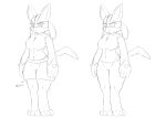 absurd_res anthro big_breasts blush blush_lines bottomwear breasts cheek_tuft chest_spike clothed clothing digitigrade duskxvi eyelashes facial_tuft featureless_breasts feet female front_view generation_4_pokemon genitals hand_spike hi_res lucario monochrome navel nintendo nude pokemon pokemon_(species) shorts simple_background solo spikes spikes_(anatomy) text thick_thighs topless tuft vulva white_background wide_eyed wide_hips