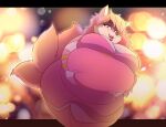 3_tails anthro belly big_belly big_breasts breasts canid canine cleavage clothed clothing dress female fox fur goblinhordestudios gold_(metal) groping_belly hair hi_res huge_breasts jewelry mammal multi_tail obese obese_female olivia_(oliviamancer) overweight overweight_female pink_body pink_fur pink_hair solo tail thick_thighs trans_(lore) trans_woman_(lore) wide_hips