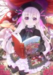  1girl bare_tree black_hat blush book capelet commentary doll_joints dress expressionless fate/grand_order fate_(series) flower food_print fur-trimmed_capelet fur_trim gothic_lolita hat holding holding_book joints kitsuneco kneeling lolita_fashion long_hair mushroom mushroom_print nursery_rhyme_(fate) nursery_rhyme_(third_ascension)_(fate) open_book purple_eyes red_flower red_rose ribbon rose striped_ribbon tree white_hair 