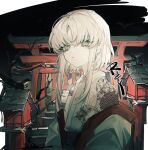  1girl architecture bare_tree black_sky chrisryciy closed_mouth commentary east_asian_architecture expressionless grey_eyes highres japanese_clothes kimono long_sleeves mole mole_under_eye night original outdoors print_kimono short_hair_with_long_locks simple_bird sky solo torii tree untranslatable_commentary upper_body white_hair white_kimono 