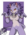 2020 4:5 absurd_res animal_ears anthro armlet beaded_jewelry beaded_necklace beads belladonna_(trials_of_mana) black_nose blep bracelet breasts claws clothed clothing colored digital_drawing_(artwork) digital_media_(artwork) ear_piercing ear_ring featureless_breasts featureless_crotch felid feline female fur hair hi_res inner_ear_fluff jewelry kangwolf mammal mana_(series) multicolored_body multicolored_fur multicolored_hair necklace nude orange_eyes paw_pose piercing pose pupils purple_background purple_body purple_fur purple_hair ring_piercing signature simple_background slit_pupils smile solo square_enix standing tail tongue tongue_out topless trials_of_mana tuft two_tone_body two_tone_fur two_tone_hair watermark