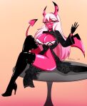 2025 artist_name big_breasts black_clothing black_gloves black_handwear black_latex black_legwear black_thigh_boots black_thigh_highs boots bra breasts cleavage cleavage_cutout clothed clothing cutout demon dipstick_horn eyelashes female footwear furniture gesture glistening glistening_breasts glistening_thighs gloves grin hair handwear heart_(marking) hellaverse helluva_boss hi_res high_heeled_boots high_heels horn horn_markings humanoid jeny_312 latex latex_clothing latex_gloves latex_handwear legwear long_eyelashes long_hair looking_at_viewer markings multicolored_horn not_furry on_table pink_body pink_eyes pink_skin shoes side_slit side_slit_dress simple_background sitting sitting_on_table slit_dress small_waist smile solo spade_tail star_(marking) succubus table tail text thick_thighs thigh_boots thigh_highs twitter_handle underwear verosika_mayday waving white_hair yellow_sclera