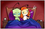 after_sex alien amphibian antennae_(anatomy) bed blue_eyes border candle cigarette cuddling duo fan_character furniture green_eyes hi_res humanoid husband_and_husband interspecies invader_zim irken keronian male male/male married_couple mimimarie nickelodeon satisfied_look sgt._frog silk_sheet smoking smoking_cigarette wedding_portrait white_border