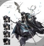  1boy absurdres animal_skull ankle bags_under_eyes barefoot black_cloak black_eyes black_hair black_nails black_robe black_sash blue_gem blue_ribbon blue_robe border bracelet broom broom_riding call_of_cthulhu cloak closed_mouth copyright_name crystal_shards earrings empty_eyes ergo_(ttrpg_scenario) expressionless eye_symbol foot_tattoo full_body gem gold_bracelet gold_necklace grey_border hair_between_eyes hair_ribbon hand_tattoo highres holding holding_staff irregular_border jewelry k_secondfloor light_smile long_hair long_sleeves looking_at_viewer male_focus multiple_expressions nail_polish necklace nervous_sweating object_floating_above_hand one_eye_closed parted_lips ribbon robe sash scar scar_on_face shaded_face sidesaddle silver_choker simple_background single_earring solo staff sweat tassel tassel_earrings tattoo toenail_polish toenails torn_cloak torn_clothes tress_ribbon two-tone_robe waist_sash white_background wide_sleeves 