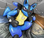 2026 bed black_latex blue_latex clothing costume furniture generation_4_pokemon hi_res inside_clothing latex latex_clothing latex_skinsuit lucario lucario_day male nintendo pokemon pokemon_(species) purple_eyes red_eyes riggedreded simple_background skinsuit squeaking tight_clothing toysuit trapped_in_clothing yellow_latex